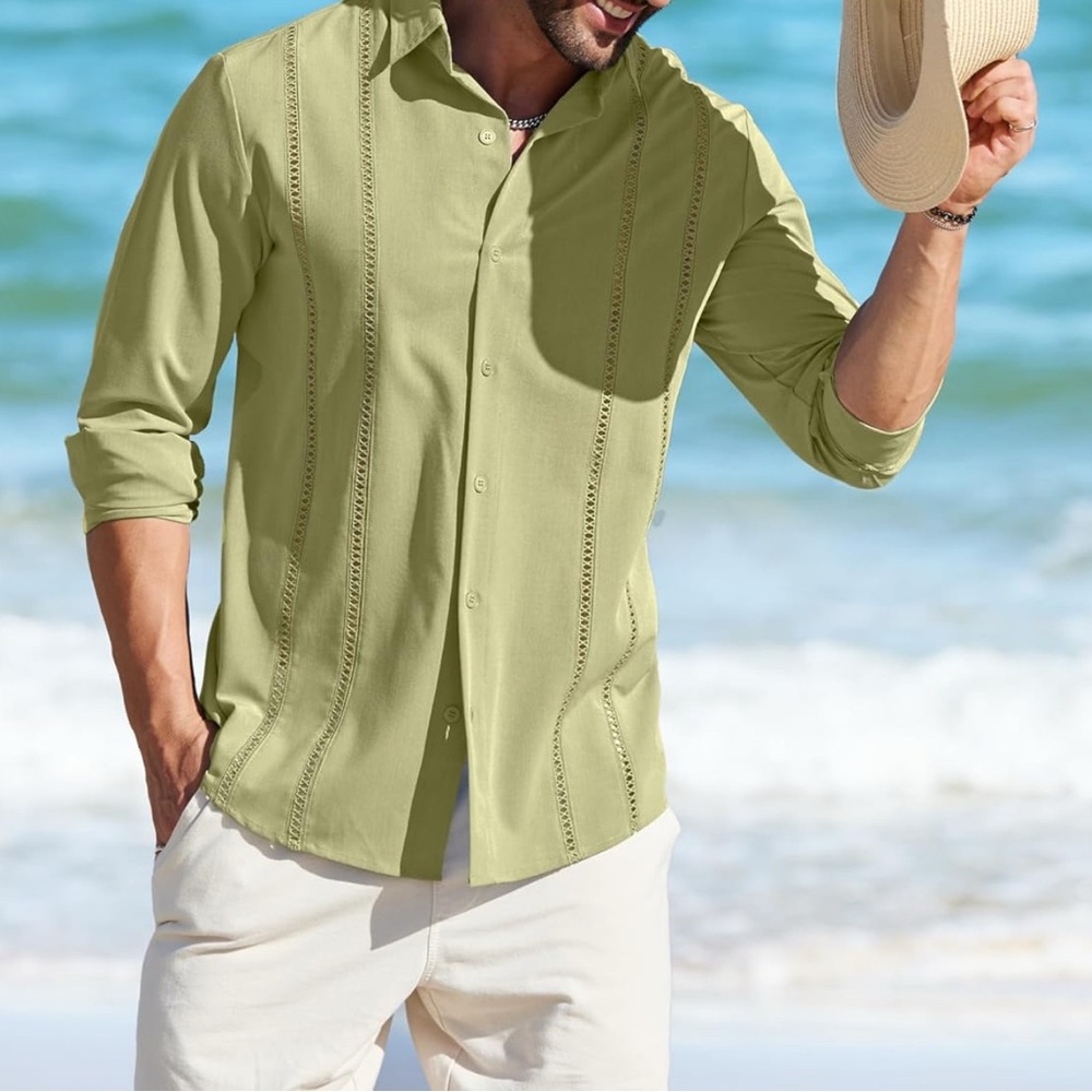 NWT MAPICK Mens SZ L Cuban Guayabera Shirt Long Sleeve Button Down Casual Shirts